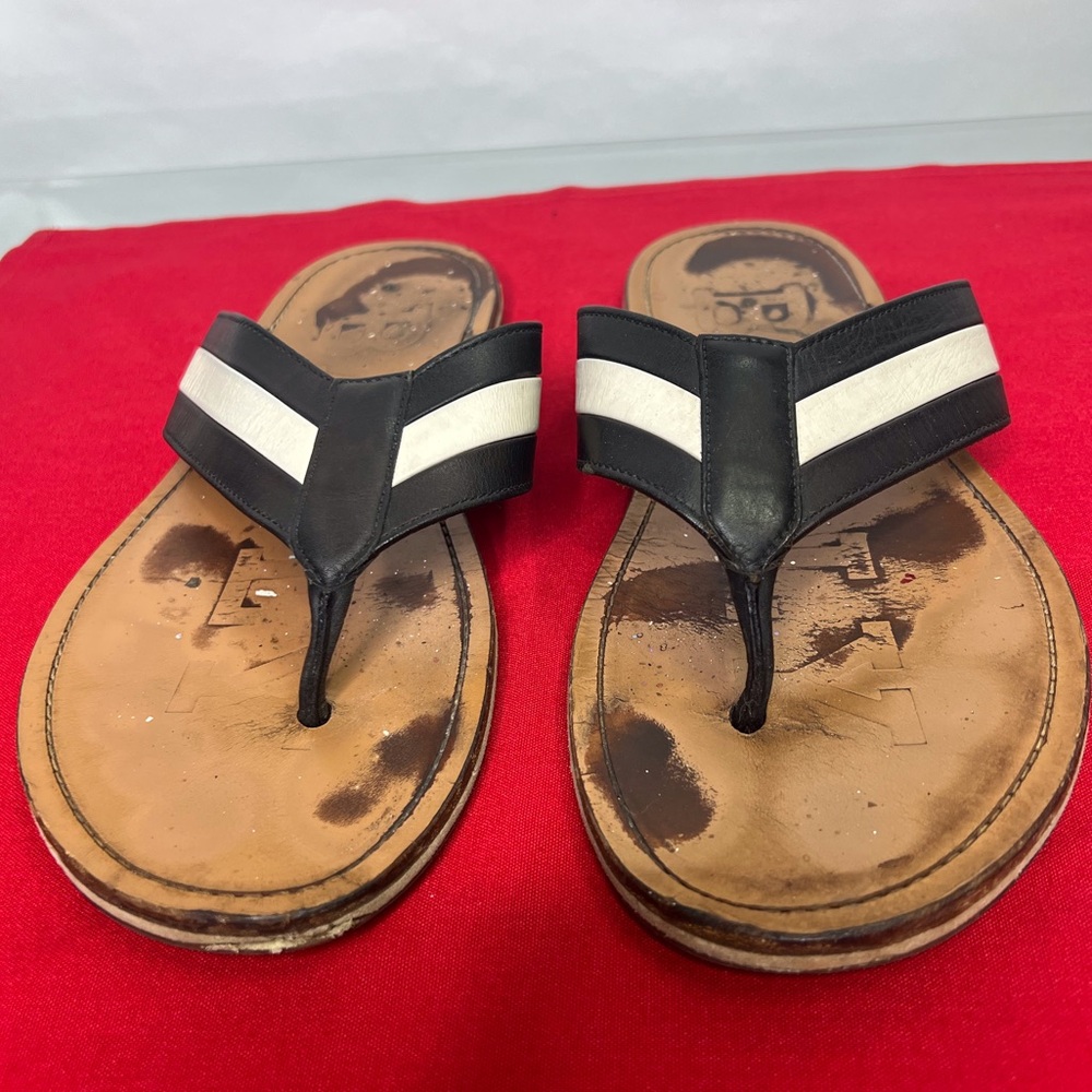 Bally Thong Sandals Henke Black and White Leather Stripe Tan Brown